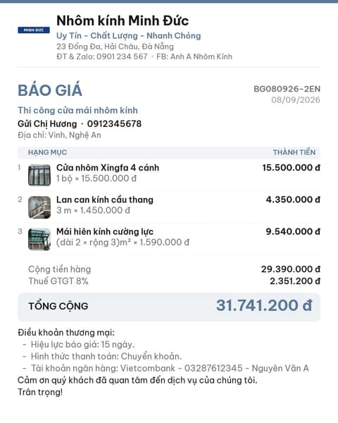 Mẫu báo giá Trẻ trung